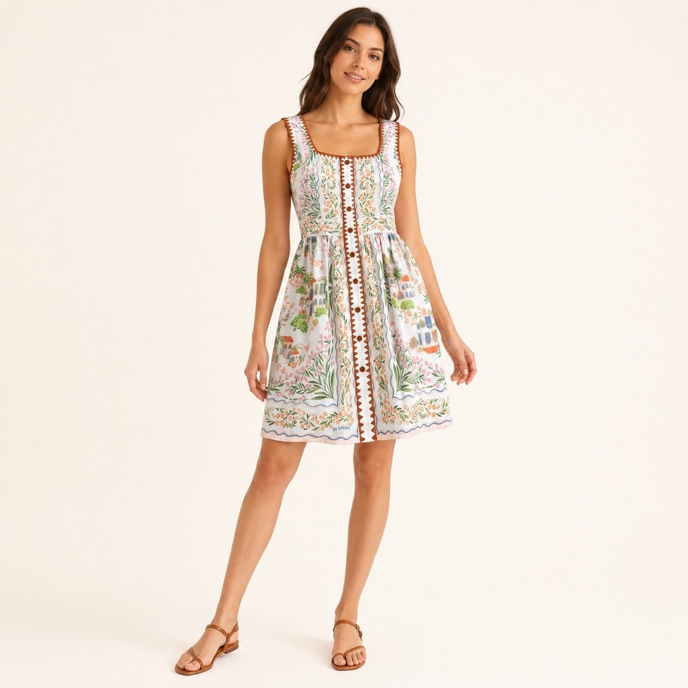 En Saison x Anthea Jacklin Mediterranean Print Mini Dress Crochet Trim NWT M